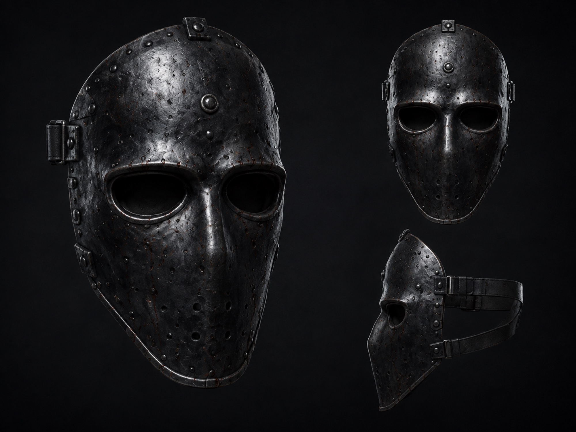 Le masque de Krieger en trois vues : trois-quarts, face et profil. Acier riveté, fentes oculaires étroites, sangles de cuir à l'arrière.