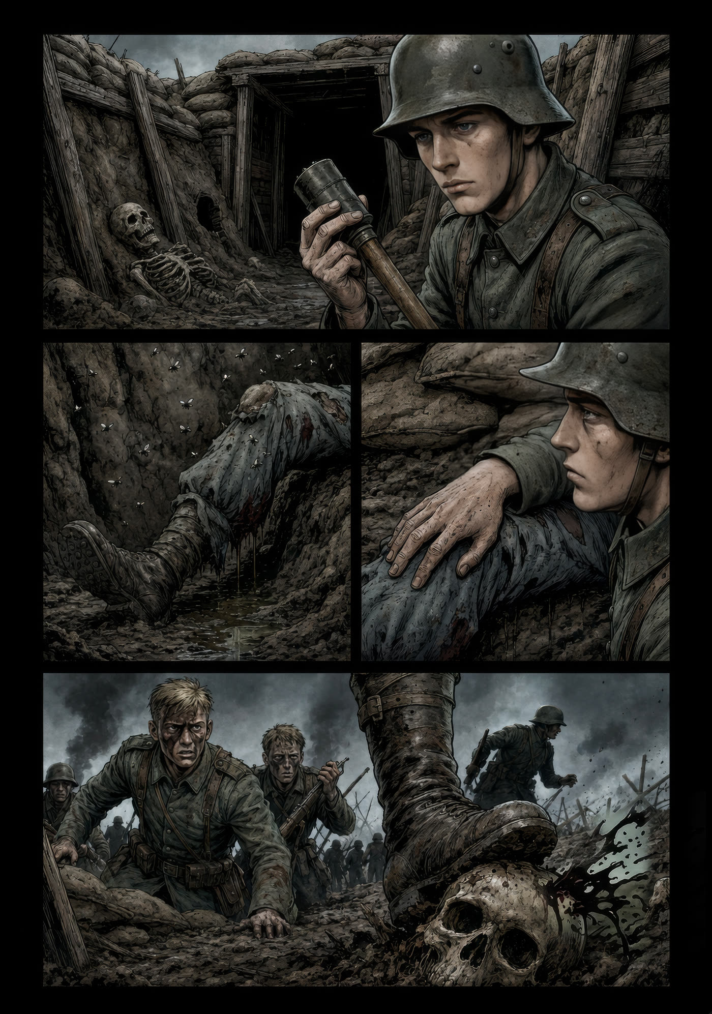 Planche 2 : la grenade à manche, le camarade tombé, la sortie de tranchée