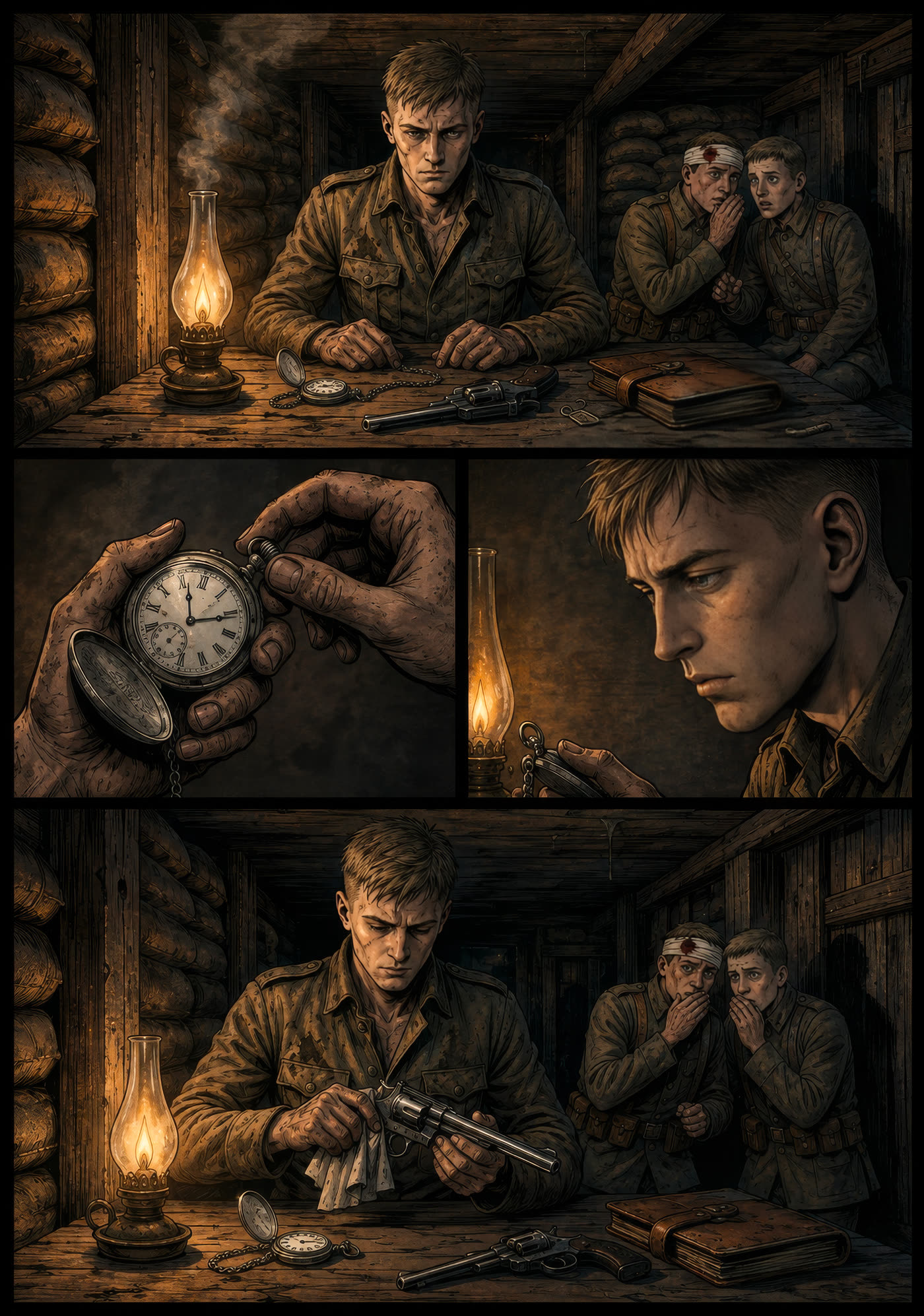 Planche 5 : l'abri, la montre de gousset, l'attente avant l'assaut