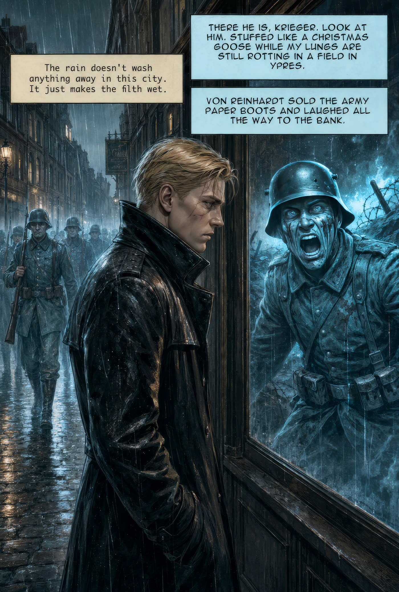 Planche 8 : Berlin sous la pluie, le fantôme de la section dans la vitrine