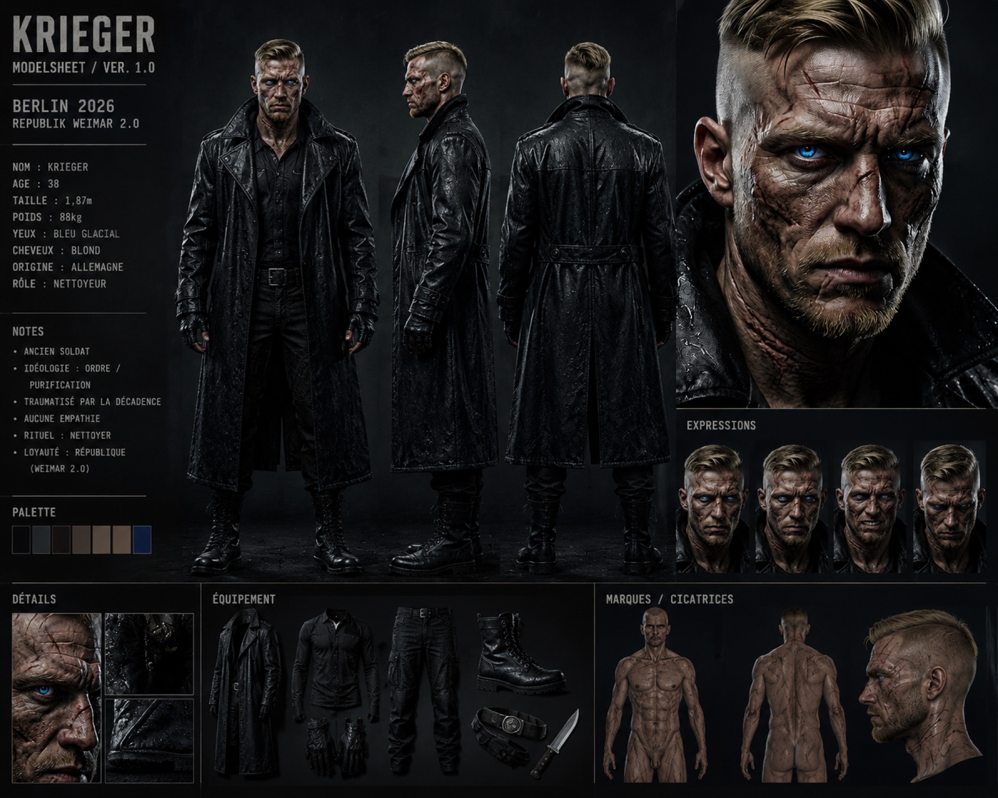 Model sheet : Krieger, version 1.0 / 2026. Vues 360°, expressions, équipement, palette verrouillée.